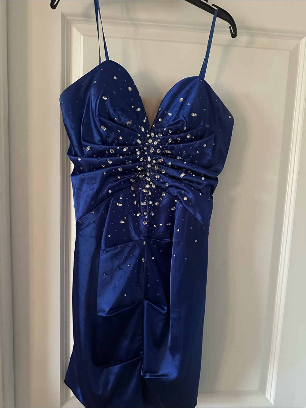 Elegant Royal Blue Spaghetti Strap Mini Dress with Crystal Accents